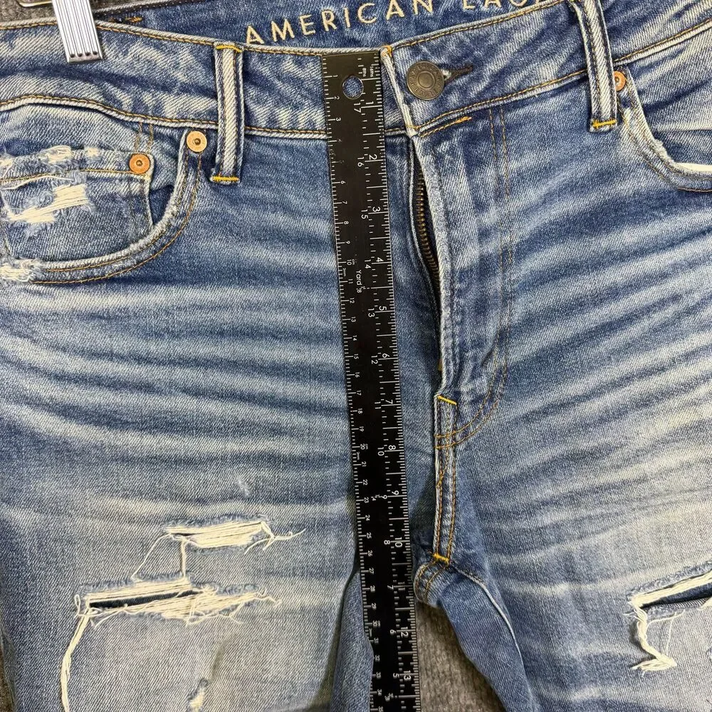 American Eagle Men's Slim Straight Jeans Airflex+ 34x28 Distressed Ripped Blue